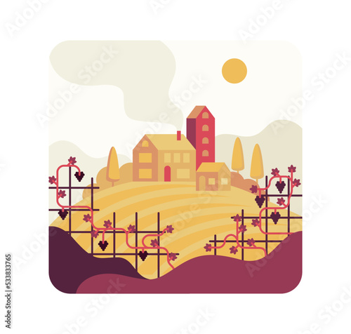 Farm in the vineyard, vector cartoon illustration in flat stile