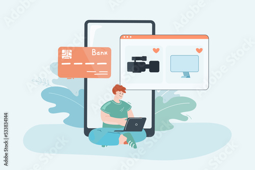 Man buying devices online flat vector illustration. Male character shopping online. E-commerce, marketing, service, cyberspace concept for banner, website design or landing web page