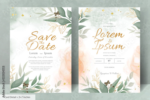 Elegant Wedding Invitation Card with Watercolor and Greenery Leaves