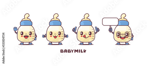 baby milk bottle cartoon mascot with different expressions