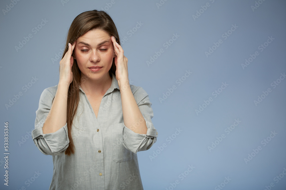 Young woman with headache touching head. isolated female portrait with eyes closed. Young woman with headache touching head. isolated female portrait with eyes closed.