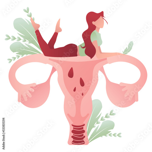 The concept of menstruation. The female uterus, the girl lies on the uterus. Female reproductive system health concept Modern illustration in flat style. vector illustration