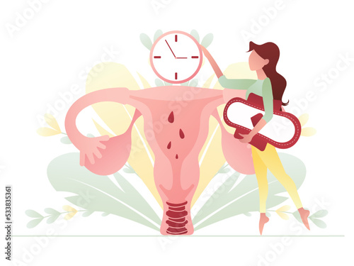 The concept of menstruation. Female uterus, menstruation tracking, woman with pad in hand, watch. Modern illustration in flat style. vector illustration