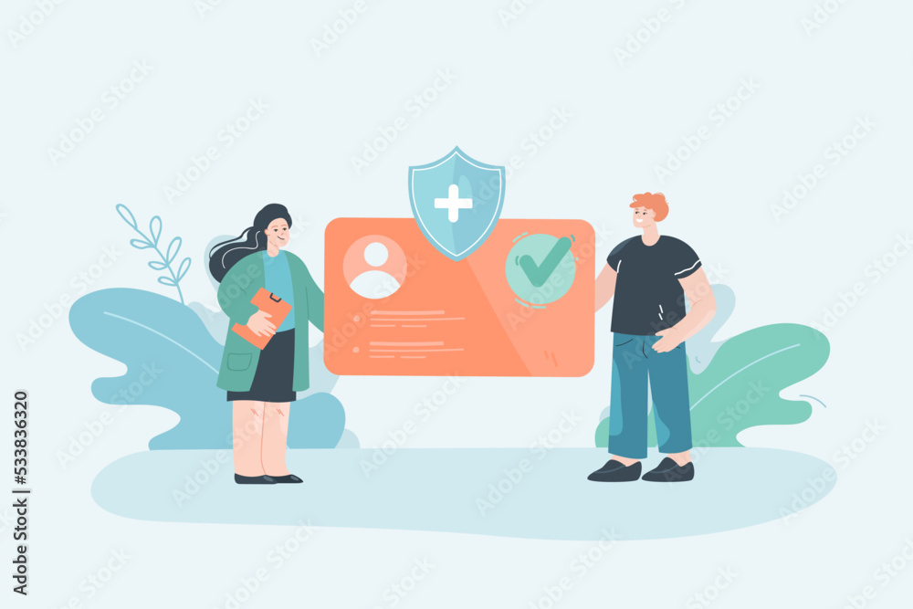 Doctor and patient holding health insurance card. Man holding plastic card of health care flat vector illustration. Medicine, pharmacy, service concept for banner, website design or landing web page Doctor and patient holding health insurance card. Man holding plastic card of health care flat vector illustration. Medicine, pharmacy, service concept for banner, website design or landing web page