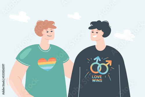 Happy homosexual couple flat vector illustration. Gays wearing sweater with rainbow flag. LGBT community, freedom, equality concept for banner, website design or landing web page