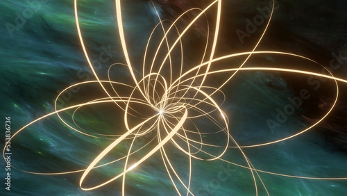 Gold magnetic of a neutron star with blue green nebula background (3D Rendering)