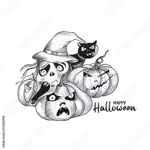 Happy Halloween festival greeting card with scary pumpkins background