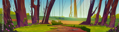 Footpath in sunlit forest cartoon illustration. Beautiful old wood with ancient tall trees, green grass, flowers blooming on bushes and clear blue sky background. Natural landscape vector design