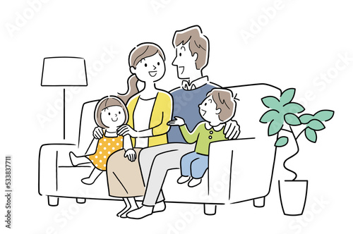 ベクターイラスト素材：自宅のソファでくつろぐ家族
