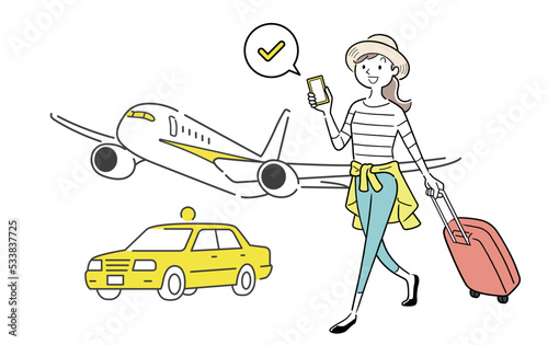 ベクターイラスト素材：スマホを利用して飛行機やタクシーを手配する女性
