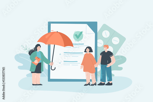 Couple signing health insurance contract. Tiny female doctor giving umbrella to patient flat vector illustration. Protection, service, family concept for banner, website design or landing web page