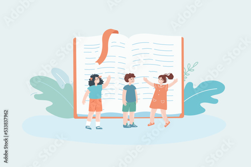 Tiny pupils reading huge book flat vector illustration. Male and female children studying together. Back to school, education, friendship concept for banner, website design or landing web page