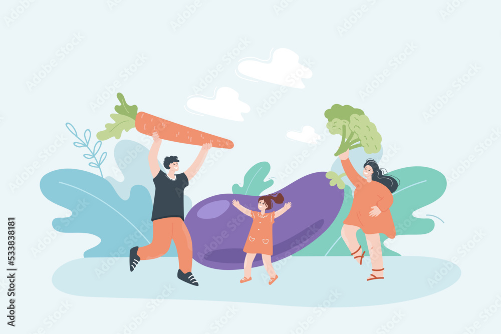 Family with holding fresh vegetables flat vector illustration. Father, mother and daughter eating healthy organic products. Healthcare, nutrition concept for banner, website design or landing web page Family with holding fresh vegetables flat vector illustration. Father, mother and daughter eating healthy organic products. Healthcare, nutrition concept for banner, website design or landing web page