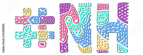 NH Hashtag. Multicolored bright isolate curves doodle letters. Hashtag #NH is abbreviation for the US American state New Hampshire for social network, web resources, mobile apps.