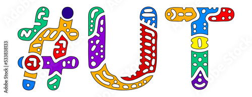 UT Hashtag. Multicolored bright isolate curves doodle letters. Hashtag #UT is abbreviation for the US American state Utah for social network, web resources, mobile apps.