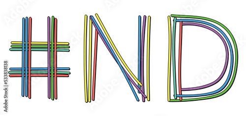 ND Hashtag. Isolate neon doodle lettering text from multi-colored curved neon lines like from a felt-tip pen, pensil. #ND is abbreviation for the US America state North Dakota