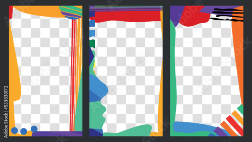 3 in 1 Vertical frames 9x16. Abstract bright set. Rainbow colors doodle shapes. Multicolored Abstract frame set for social network, media, story, mobile apps, telephone, greeting card.