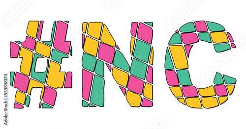 NC Hashtag. Tricolor isolated letters from contrast flowing fluid shapes. 3 colored Hashtag #NC is abbreviation for the US American state North Carolina for social network, web resources, mobile app
