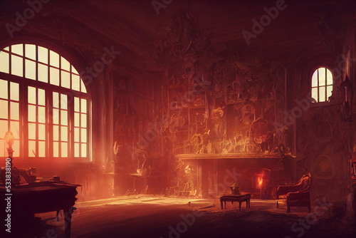 creepy interior of a fantasy mansion, concept art, digital illustration, Generative AI