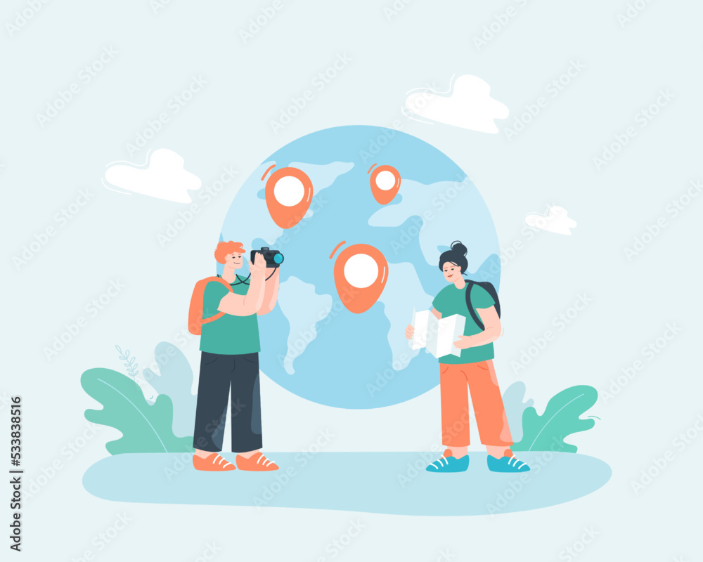 Tourist taking picture on camera flat vector illustration. Man and woman traveling together, searching route on map. Trip, travel, journey concept for banner, website design or landing web page