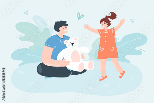 Father giving toy to daughter flat vector illustration. Dad sitting on floor and playing with little kid. Family, togetherness, love, care concept for banner, website design or landing web page