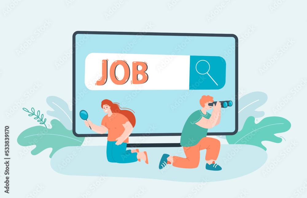 People looking for job flat vector illustration. Man and woman looking through binocular. Employment, career, opportunity, recruitment concept for banner, website design or landing web page