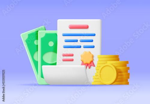 3D Certificate with Stamp and Money Isolated. Render White Diploma with Badge, Coins and Dollars. Diploma or Accreditation. Voucher or Invitation. Business Graduation Grant. Vector Illustration
