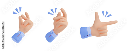Fingers snap icon, man hand gesture of easy concept, idea, magic, pop sound. Set of fingers poses in flicking isolated on white background, 3d render illustration photo