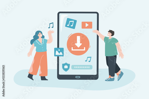 People downloading files from cloud storage. Man and woman using application for online storage flat vector illustration. Information, media concept for banner, website design or landing web page
