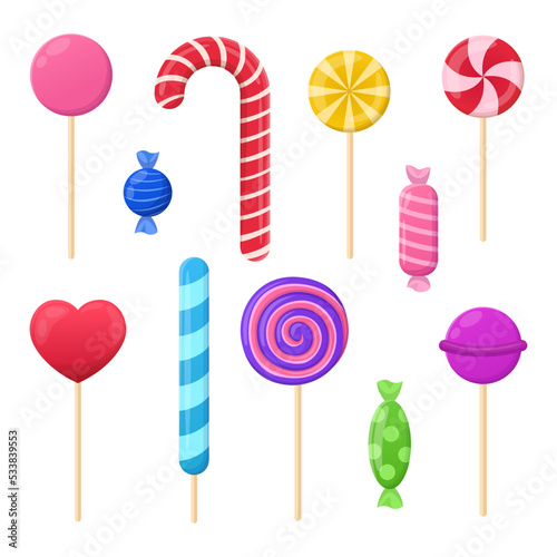 Lollipops and wrapped candies vector illustrations set. Cartoon drawings of cute lollypops, sugar balls on sticks isolated on white background. Desserts, sweet food, confectionery, holidays concept