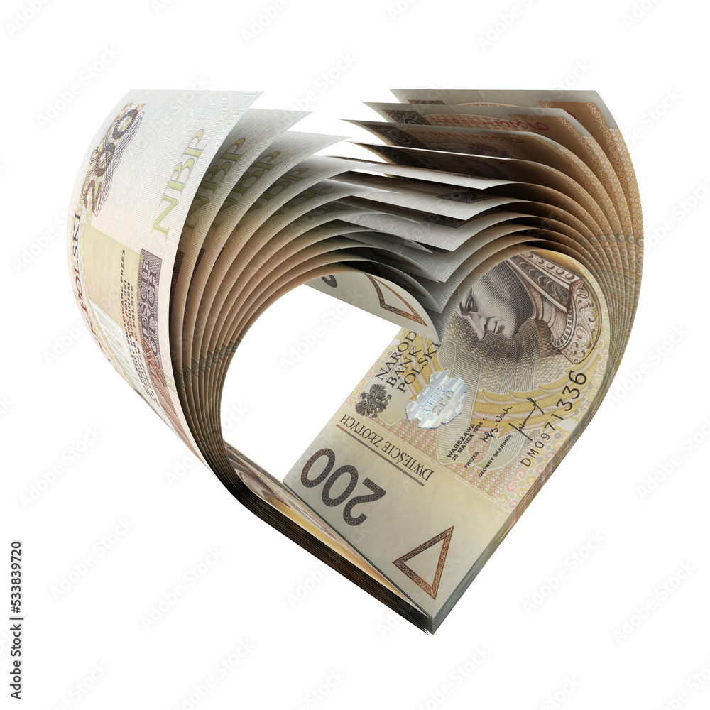 Banknoty 200 PLN uformowane w kształt symbolu serca 01 - obrazy, fototapety, plakaty 