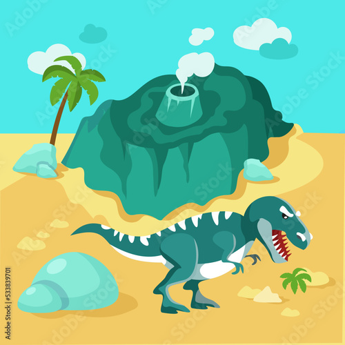 Map of island with volcano and dinosaur. Predatory animal Tyrannosaurus rex. Scene  background for games  design  puzzles. Ocean  palm tree  nature. Vector illustration.