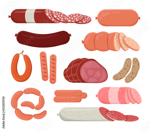Different kinds of sausages vector illustrations set. Collection of cartoon drawings of red salami, ham, delicatessen, slices of sausages isolated on white background. Food, meat, groceries concept