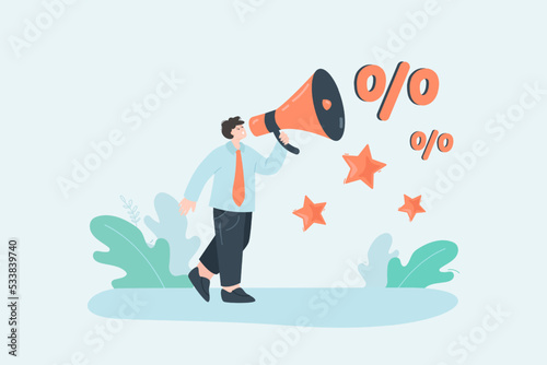 Man with megaphone announcing discounts flat vector illustration. Advertisement, promotion, announcement, attention, alertness concept for banner, website design or landing web page