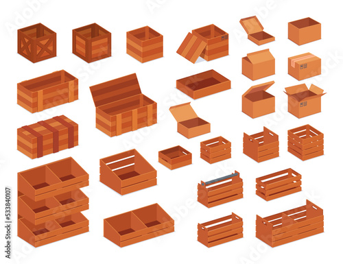 Wooden crates and boxes for storage vector illustrations set. Cartoon drawings of containers, drawers or cases for goods or parcels isolated on white background. Cargo, delivery service concept