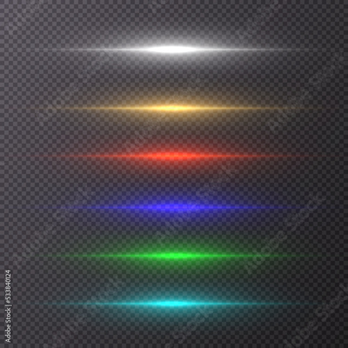 Bright horizontal highlights. Laser beams, horizontal beams of light. Beautiful light flashes. Glowing stripes on a transparent background.	