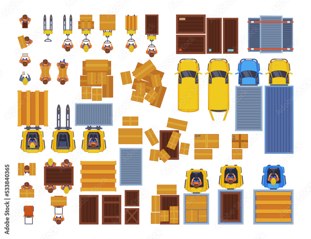 Top view of warehouse elements vector illustrations set. Workers on cargo transport, couriers delivering parcels, boxes, cars and trucks, equipment. Logistics industry, delivery service concept
