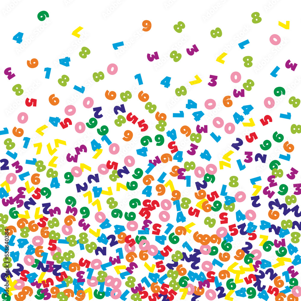 Falling colorful numbers. Math study concept with flying digits. Mind-blowing back to school mathematics banner on white background. Falling numbers vector illustration. Falling colorful numbers. Math study concept with flying digits. Mind-blowing back to school mathematics banner on white background. Falling numbers vector illustration.