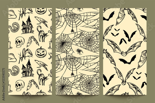 Set of three vector Halloween seamless patterns with hand drawn elements in sketch style. © natality