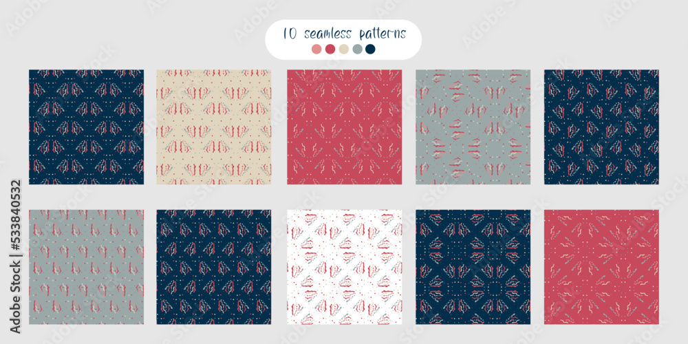 A set of seamless patterns with an abstract pattern, design for paper, cover, fabric, interior decor and other users. A set of seamless patterns with an abstract pattern, design for paper, cover, fabric, interior decor and other users.