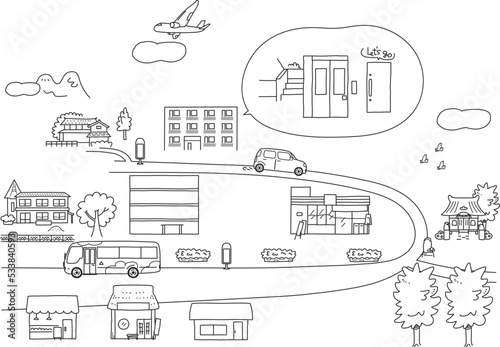 自宅マンションから保育園の道路沿いにはいろいろな建物や施設がある モノクロ イラスト素材