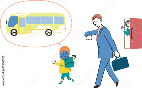 通園バス乗り場まで出かける親子と見送る母親　イラスト素材

