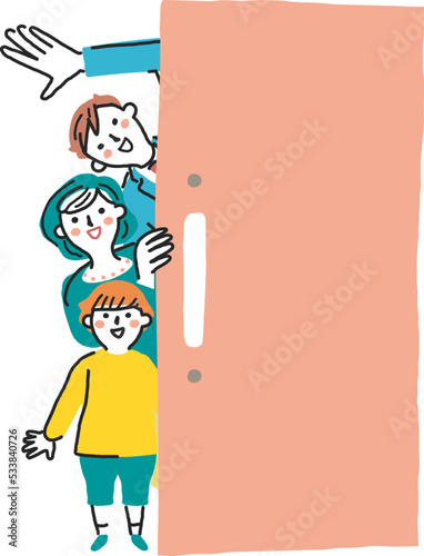 ドアからこんにちはとのぞく仲良し親子　イラスト素材
