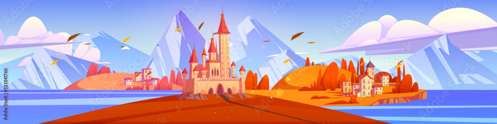Mediterranean autumn landscape with medieval castle and town buildings at scenery background. Fairy tale kingdom with palace and cottages surrounded with mountains and sea, Cartoon vector illustration