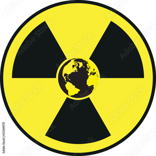 Radiation pollution of planet Earth. Yellow sign of radiation pollution on the Globe background. Vector