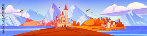 Mediterranean autumn landscape with medieval castle and town buildings at scenery background. Fairy tale kingdom with palace and cottages surrounded with mountains and sea, Cartoon vector illustration © klyaksun