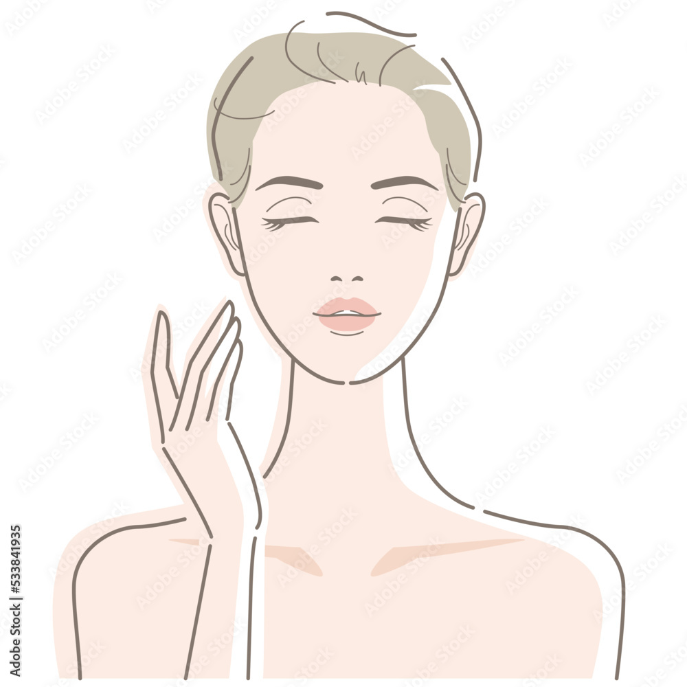 Beautiful young woman with closed eyes. She touches her cheek with her finger. Beauty, fashion, makeup, skincare concept. Vector illustration in line drawing, isolated on white background. Beautiful young woman with closed eyes. She touches her cheek with her finger. Beauty, fashion, makeup, skincare concept. Vector illustration in line drawing, isolated on white background.