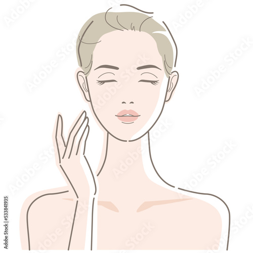 Beautiful young woman with closed eyes. She touches her cheek with her finger. Beauty, fashion, makeup, skincare concept. Vector illustration in line drawing, isolated on white background.