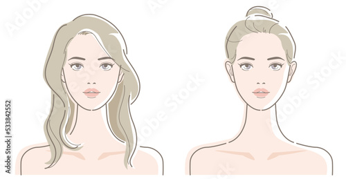 Front face of young women. Long hair and up in a bun. Beauty, fashion, makeup, skincare concept. Vector illustration in line drawing, isolated on white background.
