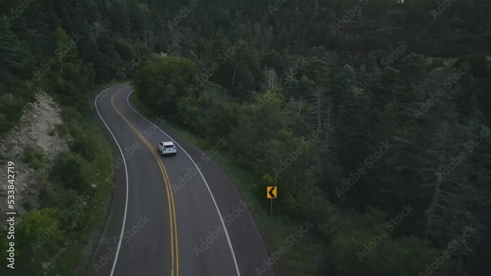 Drone Shot, Following White Car Moving on Empty Road in Evergreen Forest at Dusk Drone Shot, Following White Car Moving on Empty Road in Evergreen Forest at Dusk